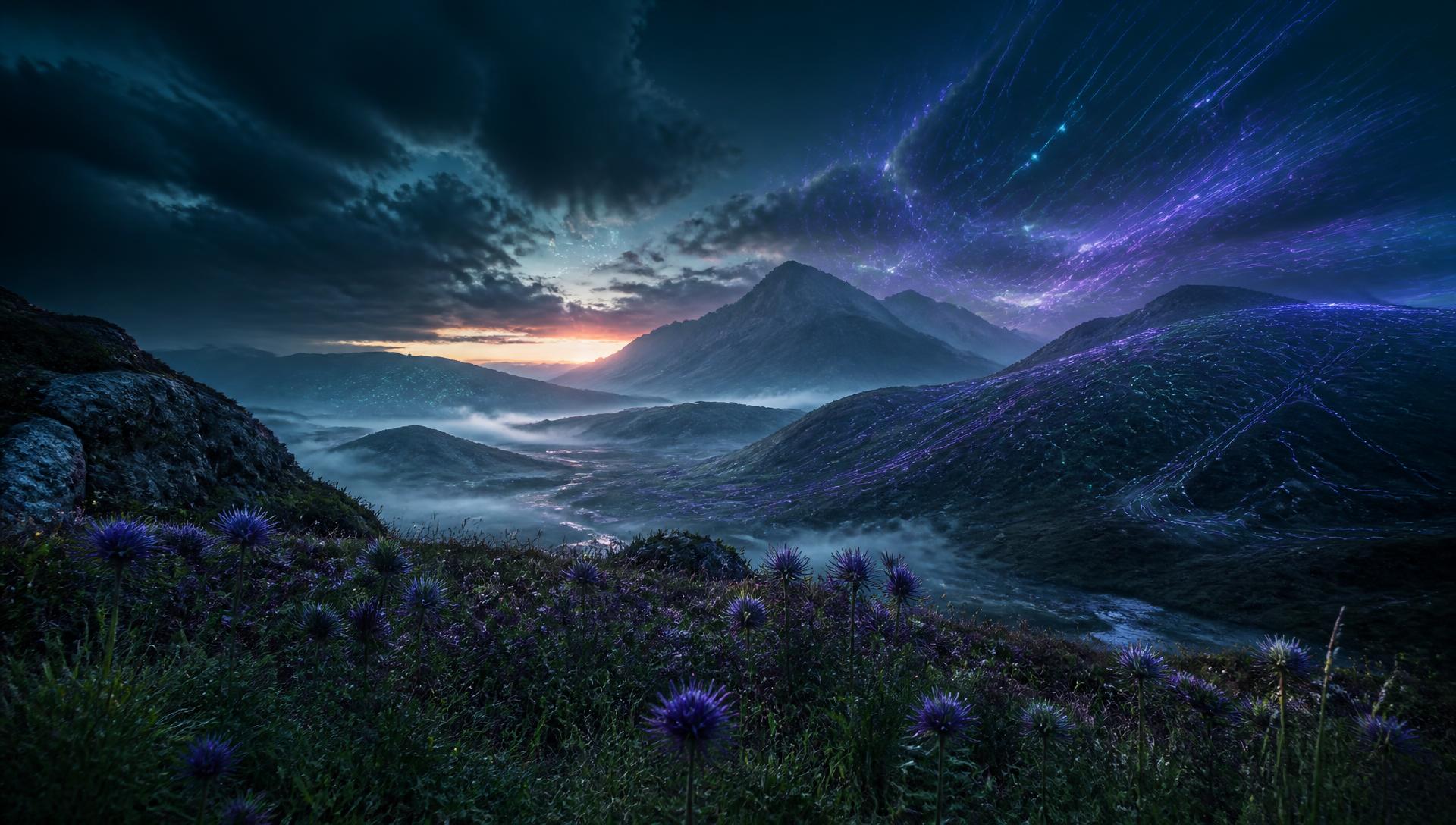 Moody Scottish highlands at twilight with circuit-like aurora patterns
